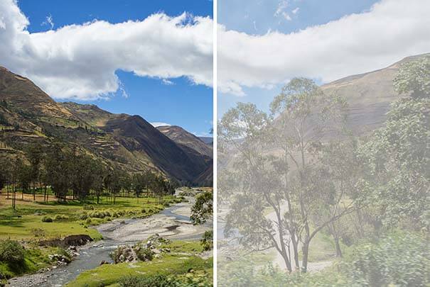 split view of the mountains before and after cataract surgery